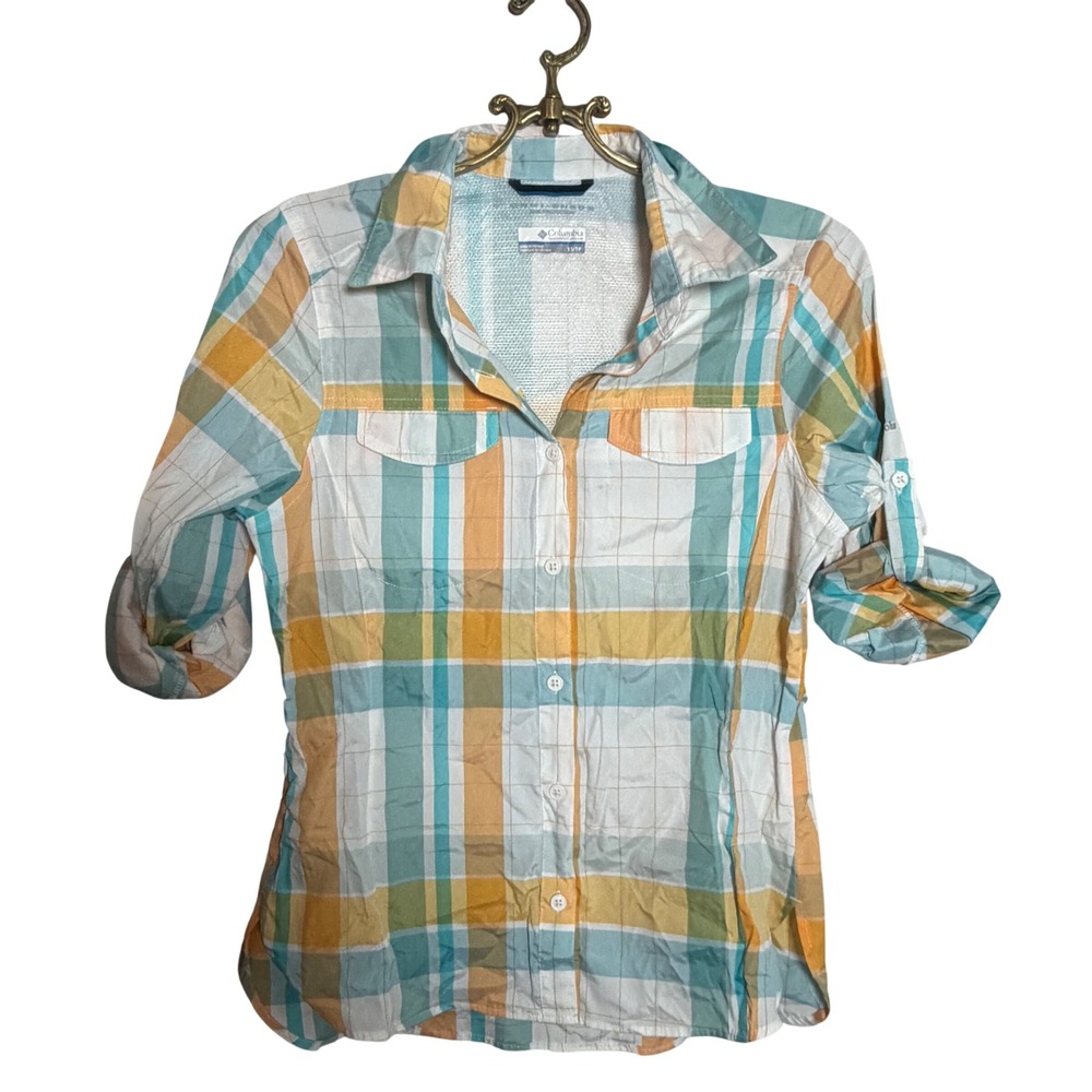 Columbia Womens Omni-Shade Plaid‎ Button Down Hiking Shirt XS Teal Orange White